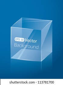 Abstract dark blue background with glass cube. Vector illustration