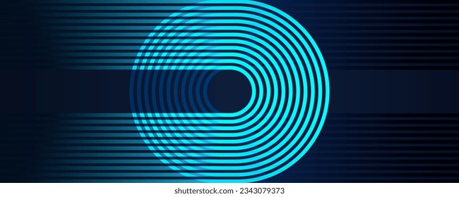 Abstract dark blue background with glowing circle geometric lines in blue green light rounded lines pattern. Concept of music, technology, digital, poster, cover, banner, brochure, website, flyer

