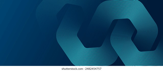 Abstract dark blue background with glowing geometric lines. Modern shiny blue hexagon lines pattern. Technology futuristic concept. Suit for poster, banner, brochure, cover, flyer. Vector illustration