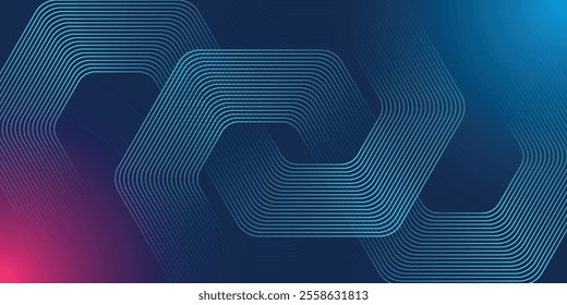 Abstract dark blue background with glowing geometric lines. Modern shiny blue hexagon lines pattern. Technology futuristic concept. Suit for poster, banner, brochure, cover, flyer. Vector illustration