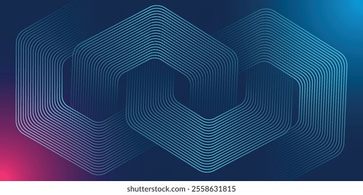 Abstract dark blue background with glowing geometric lines. Modern shiny blue hexagon lines pattern. Technology futuristic concept. Suit for poster, banner, brochure, cover, flyer. Vector illustration