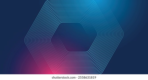 Abstract dark blue background with glowing geometric lines. Modern shiny blue hexagon lines pattern. Technology futuristic concept. Suit for poster, banner, brochure, cover, flyer. Vector illustration