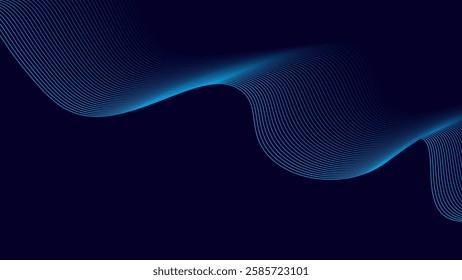 Abstract Dark blue background with glowing wavy lines. The background is sleek and modern, featuring a smooth, dark blue Modern wavy line pattern