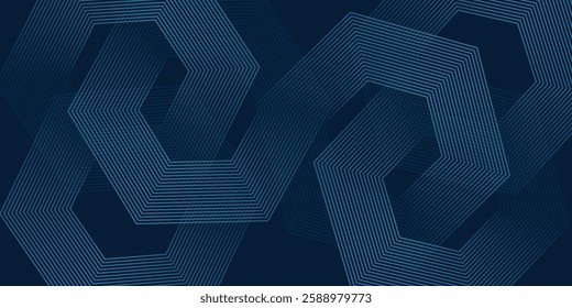 Abstract dark blue background with glowing geometric lines. Modern shiny blue hexagon lines pattern. Technology futuristic concept. Suit for poster, banner, brochure, cover, flyer. Vector illustratio