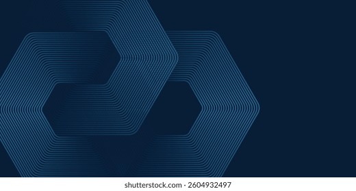 Abstract dark blue background with glowing geometric lines. Modern shiny blue hexagon lines pattern. Technology futuristic concept. Suit for poster, banner, brochure, cover, flyer. Vector illustratio