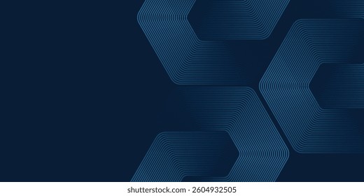 Abstract dark blue background with glowing geometric lines. Modern shiny blue hexagon lines pattern. Technology futuristic concept. Suit for poster, banner, brochure, cover, flyer. Vector illustratio