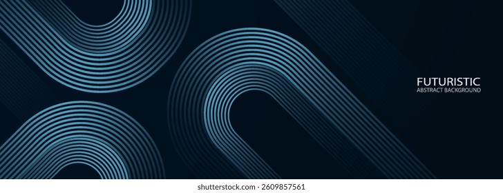 Abstract dark blue background with glowing geometric lines. Modern shiny blue diagonal rounded lines pattern.