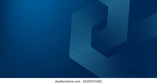 Fundo azul escuro abstrato com linhas geométricas brilhantes. Padrão moderno de linhas de hexágono azul brilhante. Conceito futurista da tecnologia. Terno para cartaz, banner, brochura, capa, folheto. Ilustração vetorial