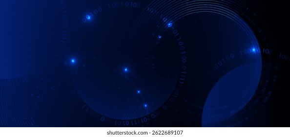 Abstract dark blue background with glowing binary code, tech circles and digital futuristic elements