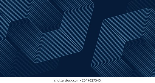 Fundo azul escuro abstrato com linhas geométricas brilhantes. Padrão moderno de linhas de hexágono azul brilhante. Conceito futurista da tecnologia. Terno para cartaz, banner, brochura, capa, folheto. Ilustração vetorial