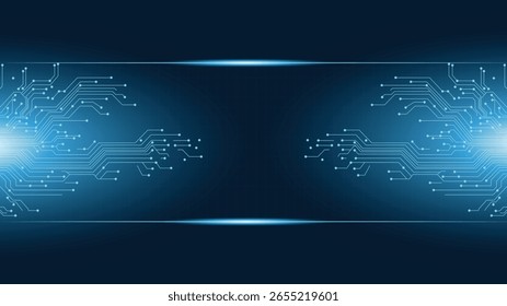 Abstractas fondo azul oscuro con patrones de placa de circuito azul brillante, que simboliza la tecnología moderna.
