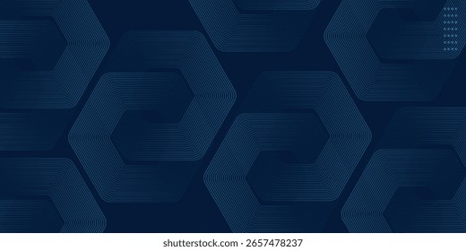 Abstractas fondo azul oscuro con líneas geométricas brillantes. Modelo azul brillante moderno de las líneas del hexágono. 