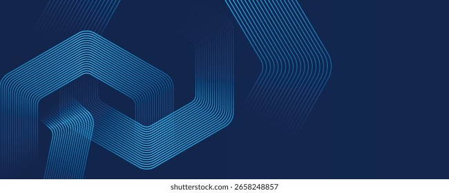 Abstract dark blue background with glowing geometric lines. Modern shiny blue hexagon lines pattern. Technology futuristic concept. Suit for poster, banner, brochure, cover, flyer. Vector illustration