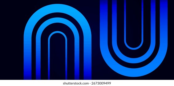 Fundo azul escuro abstrato com linhas geométricas em camadas brilhantes em tons de azul gradiente, design moderno de banner em estilo tecnológico.
Vetor EPS10.
