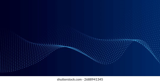 Abstract dark blue background with glowing dotted wave pattern. Futuristic digital technology design, modern data flow concept, and dynamic motion curve template.

