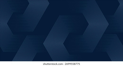 Abstract dark blue background with glowing geometric lines. Modern shiny blue hexagon lines pattern. Technology futuristic concept. Suit for poster, banner, brochure, cover, flyer. Vector illustratio