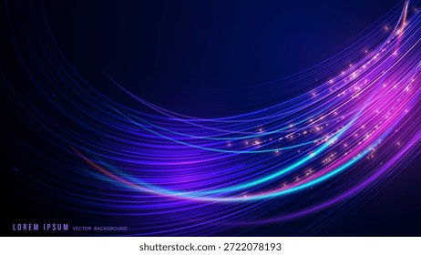 Abstractas fondo azul oscuro con líneas curvas de color púrpura y rosa brillante. Ilustración vectorial futurista del efecto de la luz de neón para la tecnología y los conceptos digitales de la comunicación