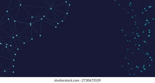 Abstract dark blue background with glowing network of connected dots and lines, representing technology, data, or science concept