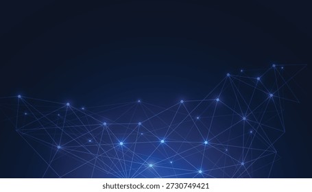 Un fondo azul oscuro abstracto con una red azul brillante de líneas y nodos interconectados. Formato de Vector escalable apto para medios impresos y digitales.