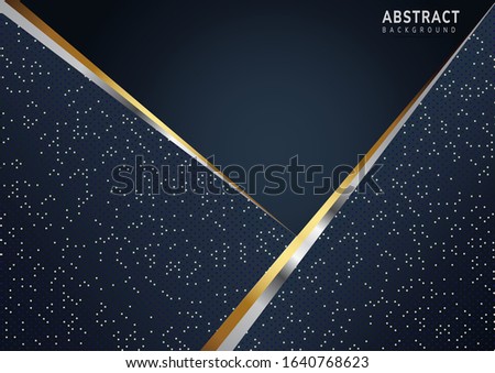 Abstract dark blue background with gold and silver line diagonal. Silver color dot on background. Modern style. Vector illustration