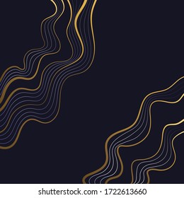 Abstract dark blue background with golden and white wave lines. Abstract art deco wallpaper with place for text