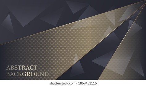 Abstract dark blue background with golden geometric pattern and translucent triangles.