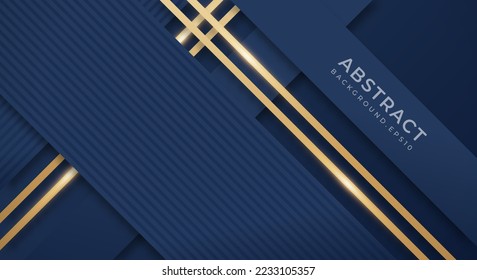 Abstract Dark Blue Background with Golden Lines Luxury Strings. Geometric Backdrop with Textured Paper Layers for Business Presentation Template