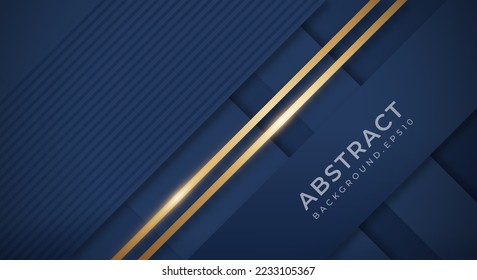 Abstract Dark Blue Background with Golden Lines Luxury Strings. Geometric Backdrop with Textured Paper Layers for Business Presentation Template