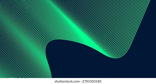 Fundo azul escuro abstrato com ondas de linha de fluxo verde. Terno para banner, web, cartaz, panfleto, brochura e apresentação