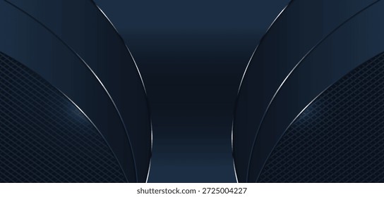 Abstractas fondo azul oscuro con acentos metálicos y Ilustración vectorial de textura de rejilla.