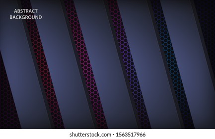 Abstract dark blue background with overlap layers on purple color gradient hexagon pattern. Modern futuristic technology corporate design template