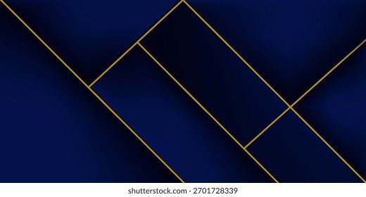 Abstract dark blue background with realistic cross shadow and gold lines pattern. Dark design with 3D concept. Blue futuristic wallpaper. Eps10 vector