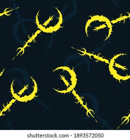 Abstract dark blue background with seamless yellow moon symbols. Ancient pattern for decoration
