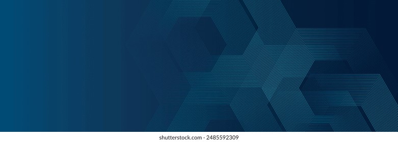 Abstract dark blue background with shining geometric lines. Modern shiny blue hexagon stripes pattern. Suitable for posters, banners, brochures, covers, pamphlets. eps10.