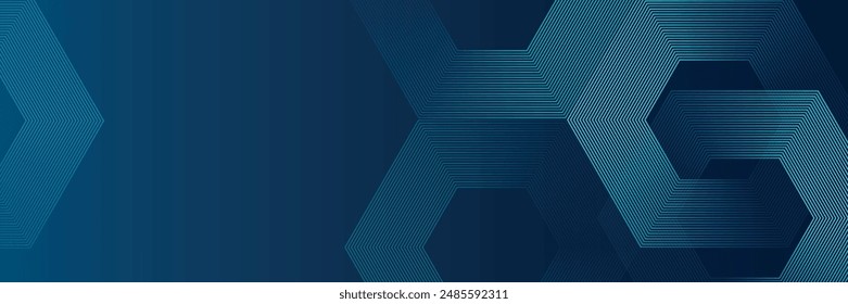 Abstract dark blue background with shining geometric lines. Modern shiny blue hexagon stripes pattern. Suitable for posters, banners, brochures, covers, pamphlets. eps10.