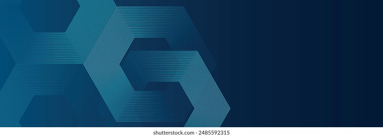 Abstract dark blue background with shining geometric lines. Modern shiny blue hexagon stripes pattern. Suitable for posters, banners, brochures, covers, pamphlets. eps10.