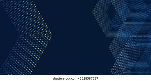 Abstract dark blue background with shining geometric lines. Modern technology background. Gold pattern hexagon serving pattern