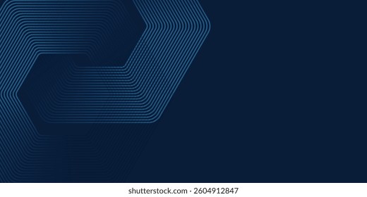 Abstract dark blue background with shining geometric lines. Modern shiny blue hexagon lines pattern. Technology futuristic concept. Suit for poster, banner, brochure, cover, flyer. Vector illustration
