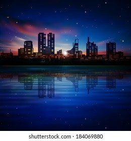 abstract dark blue background with silhouette of Tallinn and sunset
