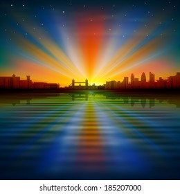 abstract dark blue background with silhouette of London and sunrise
