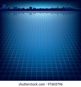 abstract dark blue background with silhouette of city