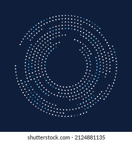 Abstract dark blue background with small dots in circles. White and blue halftone dots with copy space.