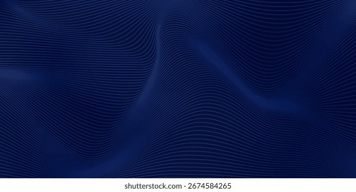 Abstract dark blue background with smooth flowing wave patterns and fine textured lines. A modern and elegant design, perfect for technology, business, and professional digital applications.
