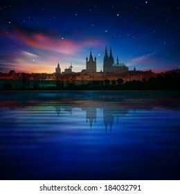 abstract dark blue background with sunset and silhouette of Koln