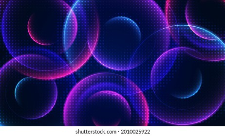 Abstract dark blue background. Vector image. Halftone effect. Blurry semi-transparent red and purple circles with reflections. Energy rings and spheres in motion. Template for text.