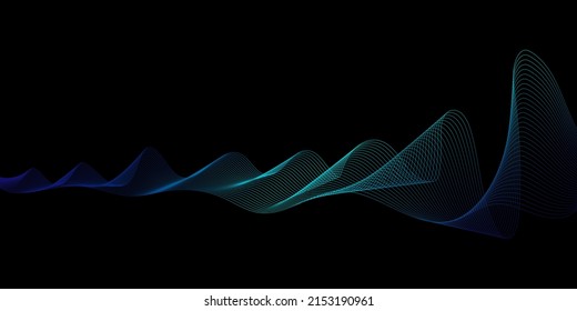 Abstract dark blue background. Vector sound wave lines dynamic in blue green color light flowing isolated on black background for concept of music, sound, technology, energy, modern, science.	
