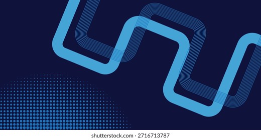 Abstrakter dunkelblauer Hintergrund mit gewellten, zyanfarbenen geometrischen Linien und Halbtonpunktmuster.