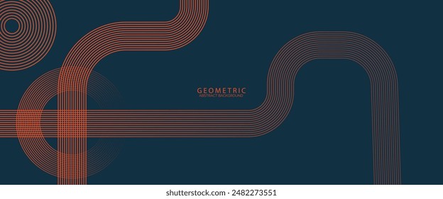 Abstract dark blue banner background with orange circle lines. Geometric stripe line art design. Minimalist element.