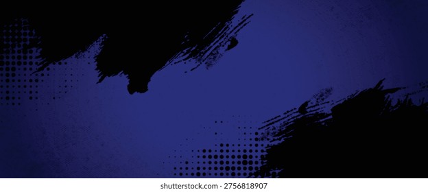 Abstract Dark Blue and Black Grunge Background with Artistic Paint Brush Strokes and Halftone Dot Texture, Distressed Urban Street Style Backdrop for Gaming and Sports Design