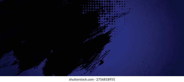 Abstract Dark Blue and Black Grunge Background with Artistic Paint Brush Strokes and Halftone Dot Texture, Distressed Urban Street Style Backdrop for Gaming and Sports Design